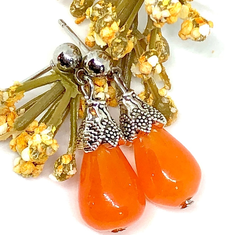 Orange Chalcedony Stone Teardrop Bali Drop Earring